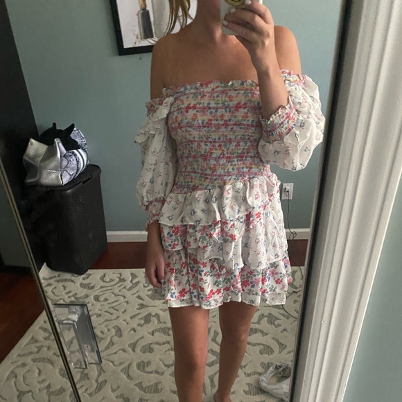 Mixed Floral Print Party Dress with Puffed Sleeves and smocked Square Neck - Picture 2 of 5